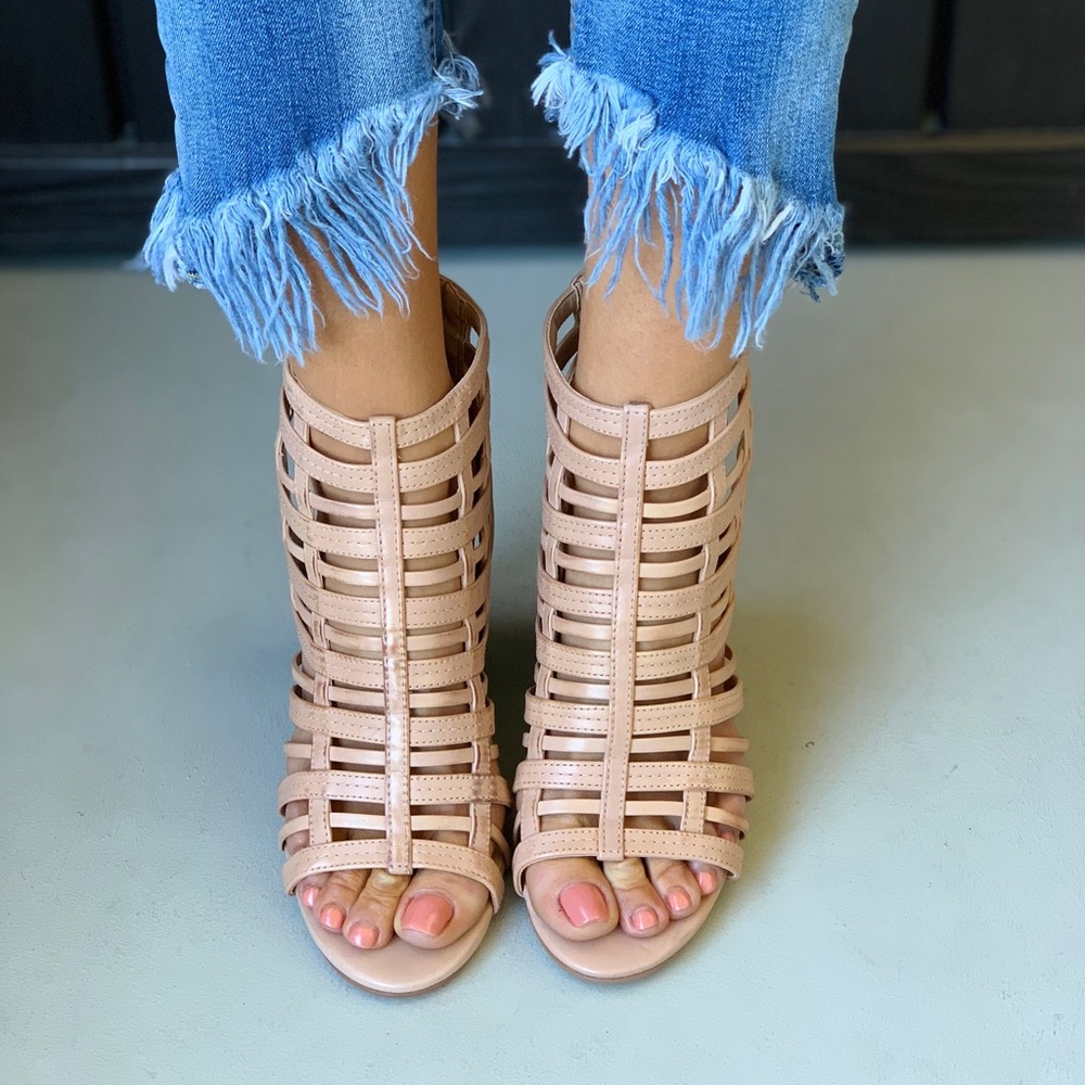 Genuine Leather Distressed Caged Strappy Sandal - Picture 2 of 4